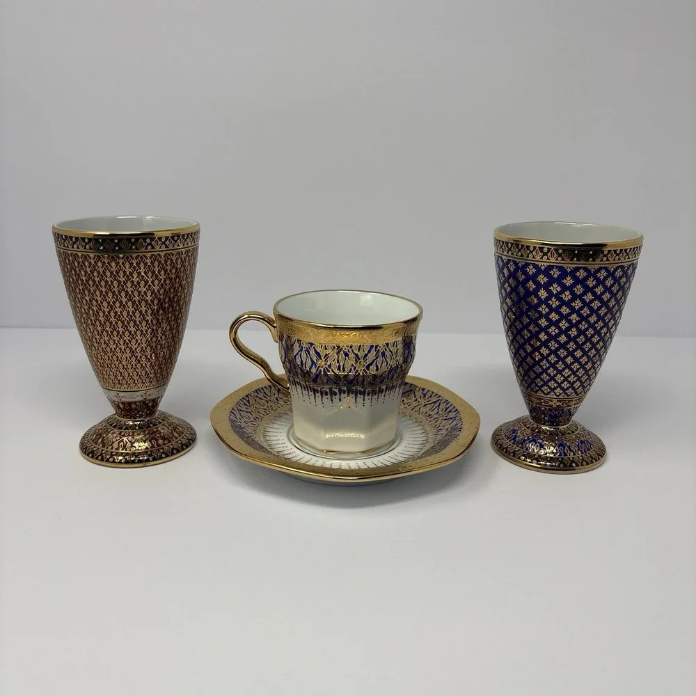 Vintage Thai Benjarong Porcelain Goblets Cup Saucer Set Hand Painted Gold